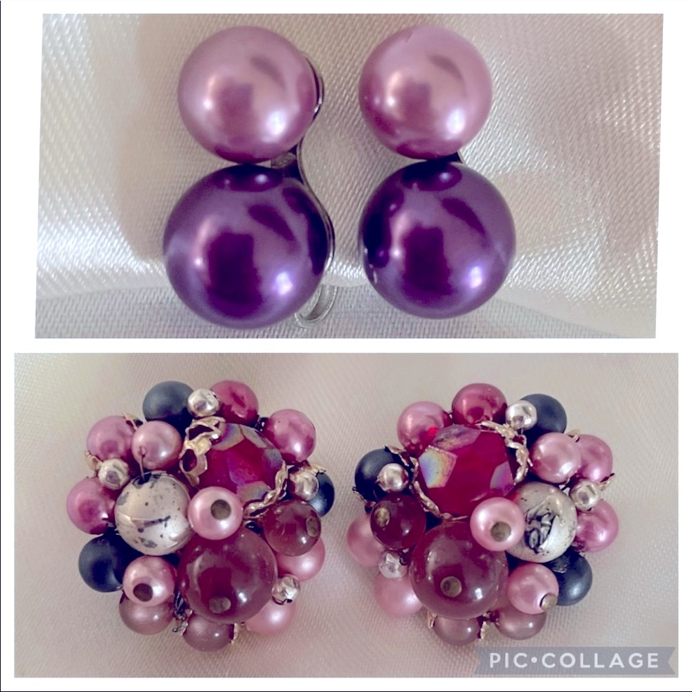 Vintage 2 Pair Pink Purple Pearl Multicolor Pink Blue Cluster Earrings
